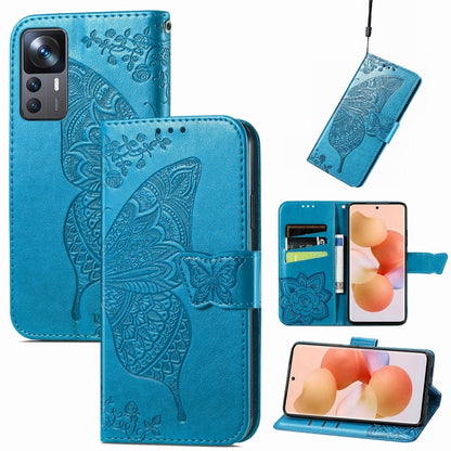 Blue embossed butterfly and flower leather phone flip case with magnetic strap and card slots