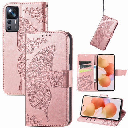 Rose gold embossed butterfly and flower leather phone flip case with magnetic closure