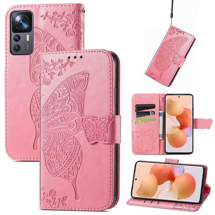 Pink embossed butterfly and flower leather phone flip case with magnetic closure