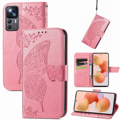 Pink embossed butterfly and flower leather phone flip case with magnetic closure
