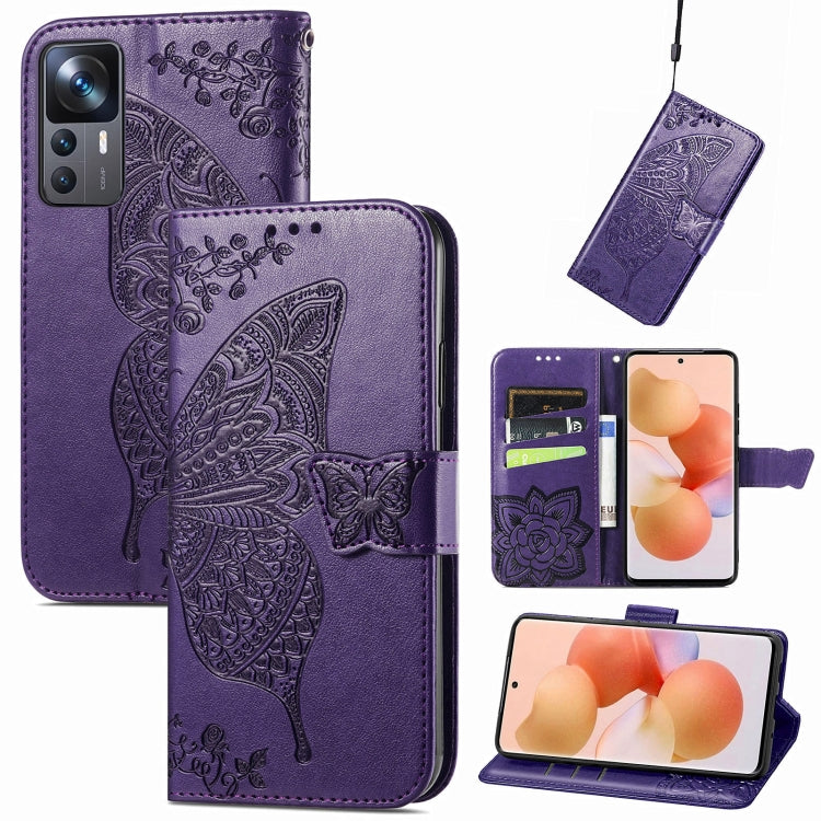 Dark purple embossed butterfly and flower leather phone flip case with magnetic strap