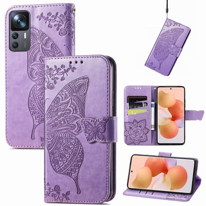 Light purple embossed butterfly and flower leather phone flip case with magnetic closure