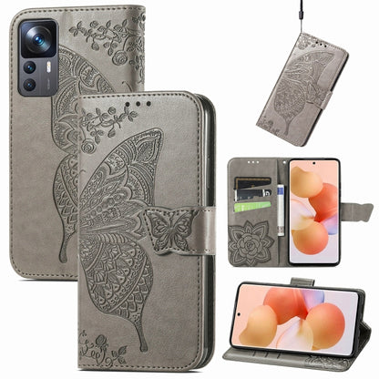 Gray embossed butterfly and flower leather phone flip case with magnetic strap and card slots