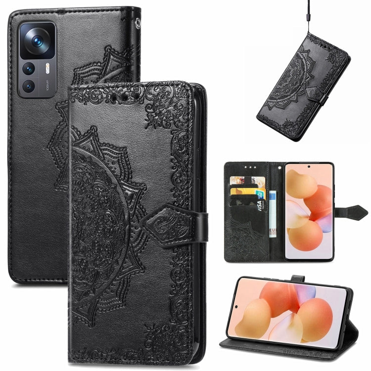 Black embossed mandala leather folio phone case with flip cover and card slot
