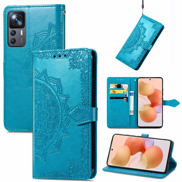 Blue embossed mandala leather phone case with flip cover and card slot for Xiaomi 12T