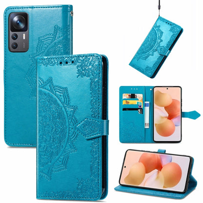 Blue embossed mandala leather phone case with flip cover and card slot for Xiaomi 12T