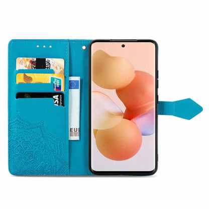 Blue embossed mandala leather folio phone case with card slots and flip cover