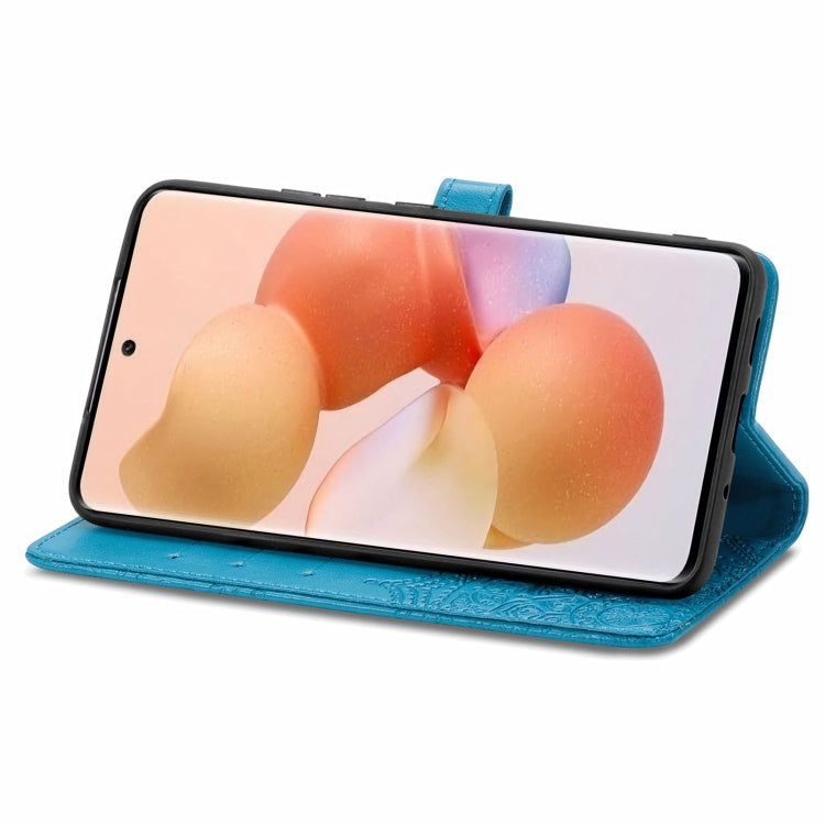Blue embossed mandala leather folio phone case with horizontal stand and flip cover