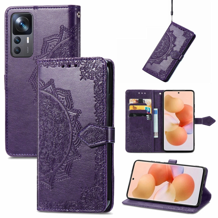 Purple embossed mandala leather folio phone case with flip cover and card slot