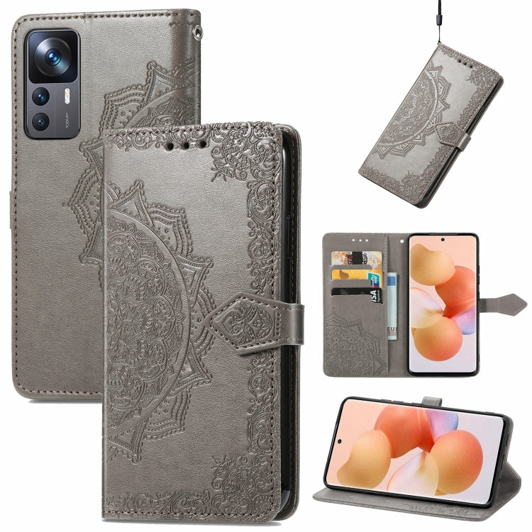 Gray embossed mandala leather folio phone case with flip cover and card slot