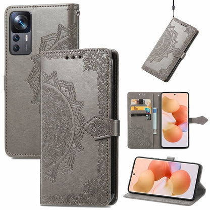 Gray embossed mandala leather folio phone case with flip cover and card slot