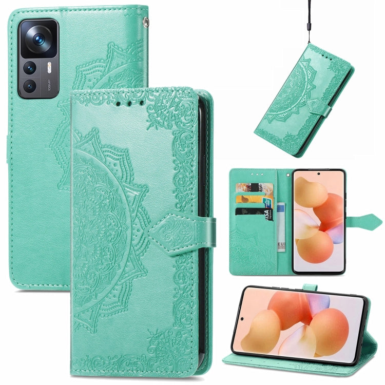 Teal embossed mandala leather folio phone case with flip cover and card slot