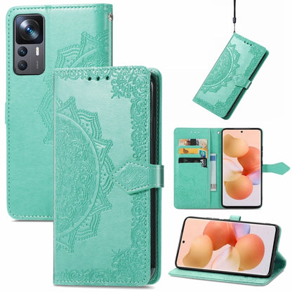 Teal embossed mandala leather folio phone case with flip cover and card slot