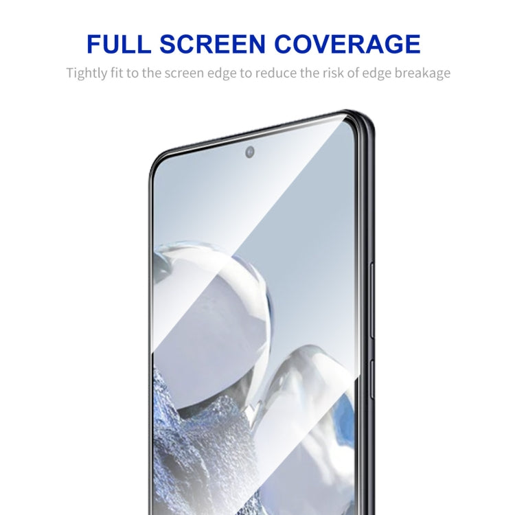 Full-screen tempered glass protector installed on smartphone screen, clear with rounded edges