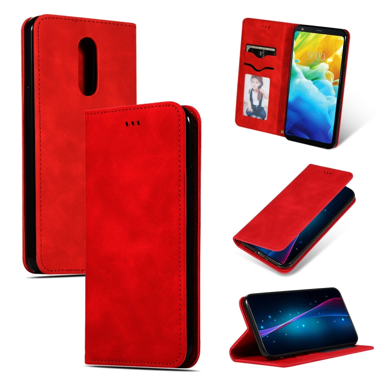Red leather flip case shown open and folded with card slots for LG Stylo 5