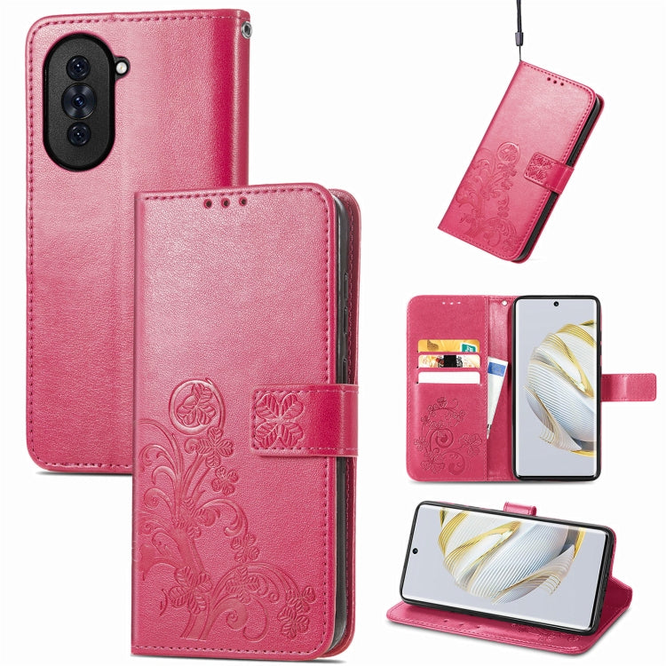 Magenta leather phone case with embossed four-leaf design and clasp, with card slots