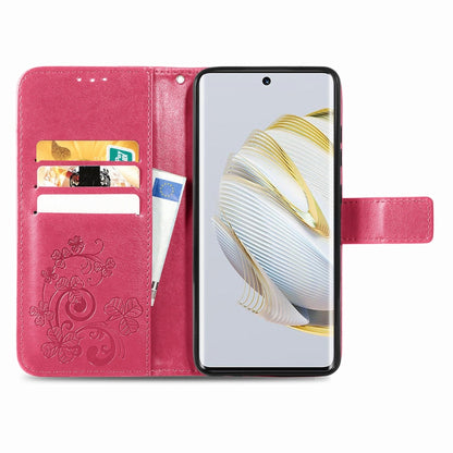 Rose leather phone case with embossed floral design, card holder slots, and clasp strap