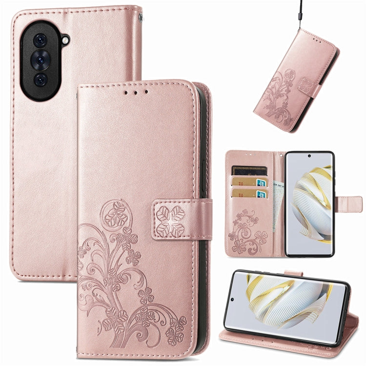 Light rose leather phone case with embossed floral four-leaf design and card slots