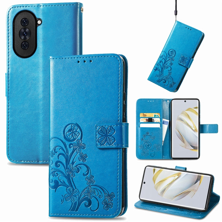 Blue leather phone case with embossed floral pattern, clasp strap, and card holder slots
