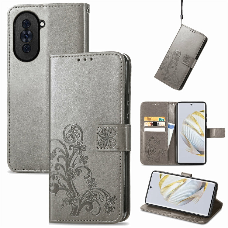 Gray leather wallet phone case with embossed floral four-leaf design and clasp strap