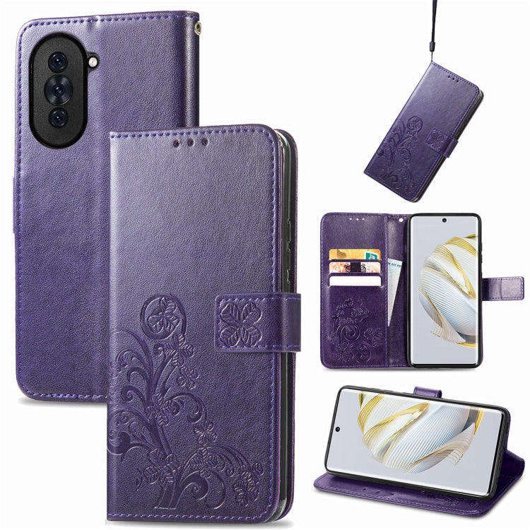 Purple leather folio phone case with embossed floral pattern and clasp strap