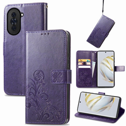 Purple leather folio phone case with embossed floral pattern and clasp strap