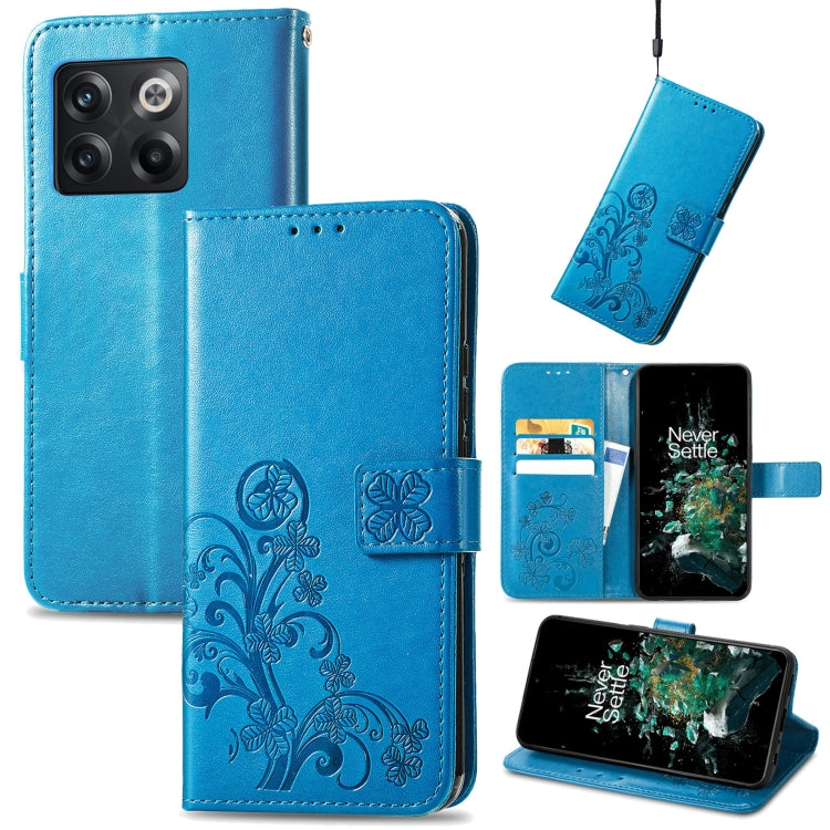 Turquoise blue leather flip phone case with embossed floral four-leaf clasp and buckle closure
