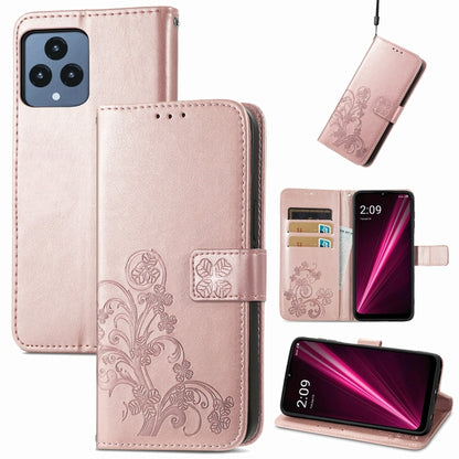 Champagne pink leather flip phone case with embossed floral four-leaf clasp and buckle closure
