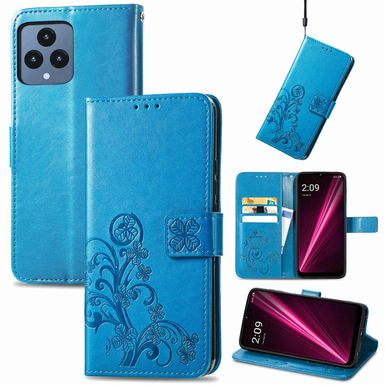 Blue leather phone case with embossed floral clover, clasp buckle, and card slots