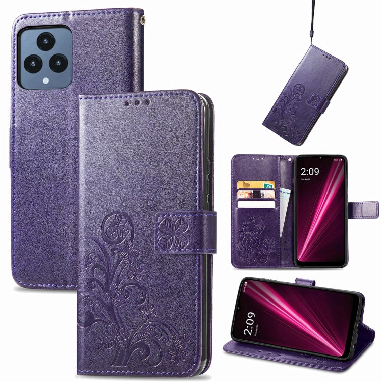 Purple leather phone case with embossed floral clover, clasp buckle, and card slots