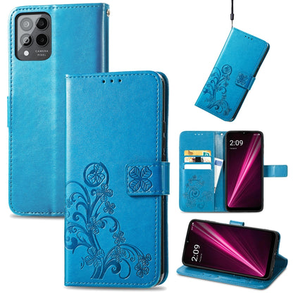 Blue leather flip phone case with embossed floral clover, clasp buckle, and stand