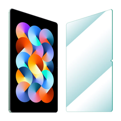 Tempered glass screen protector for tablet display, clear with teal edge
