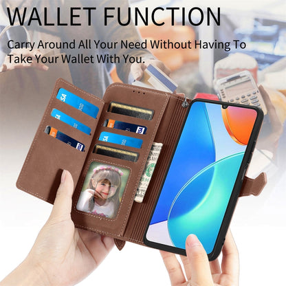 Brown leather wallet phone case with card slots, photo window, and zipper