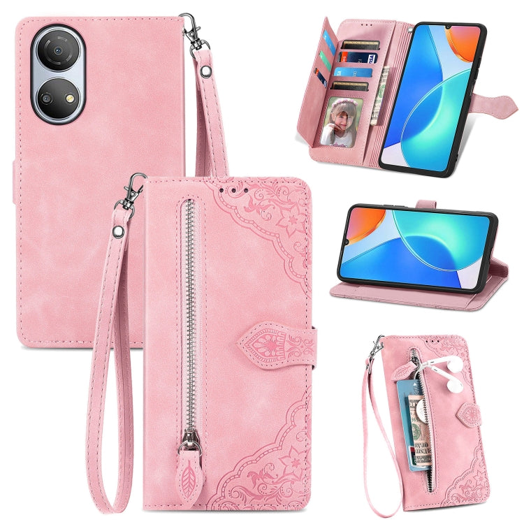 Embossed flower leather phone wallet case with zip and wrist strap, pink