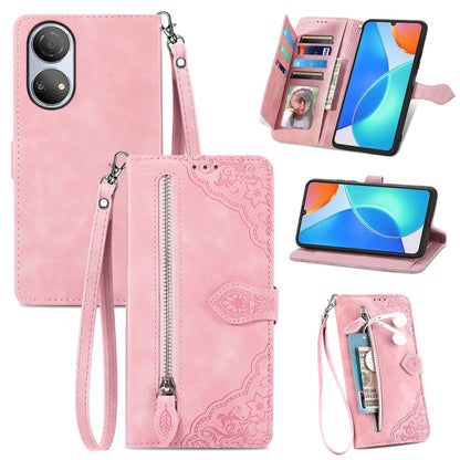 Embossed flower leather phone wallet case with zip and wrist strap, pink
