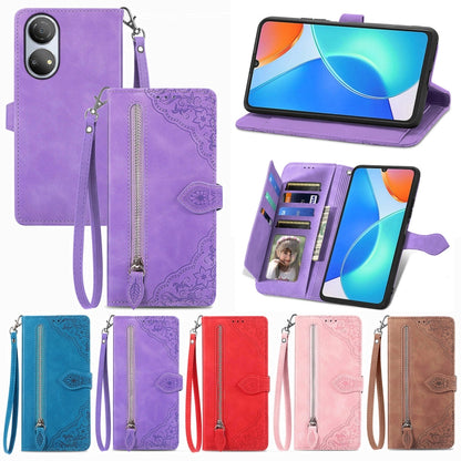 Embossed flower leather phone wallet case set, zipper and wrist straps; purple and multicolor
