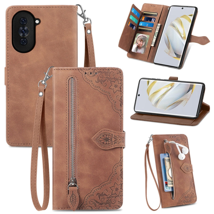 Brown embossed floral zipper wallet phone case with wrist strap and card slots
