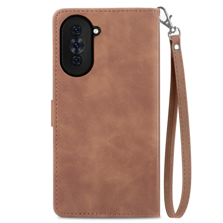 Brown leather-look phone case with zipper pull, wrist strap, and cutouts for cameras