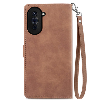 Brown leather-look phone case with zipper pull, wrist strap, and cutouts for cameras