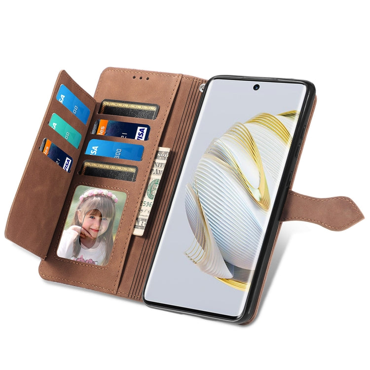 Brown zipper wallet phone case open view with card slots and photo ID pocket