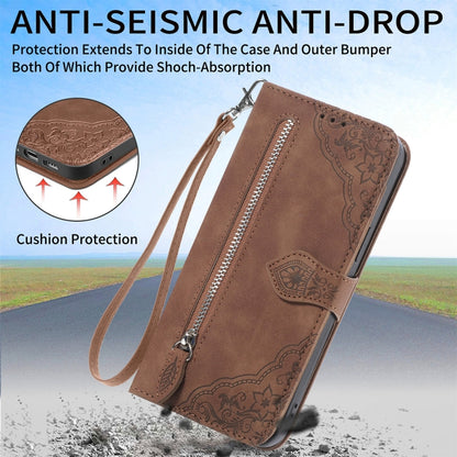 Brown embossed zipper wallet phone case with wrist strap and card holder flap