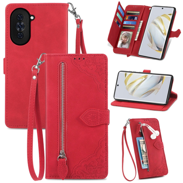 Red embossed floral zipper wallet phone case with wrist strap and card slots