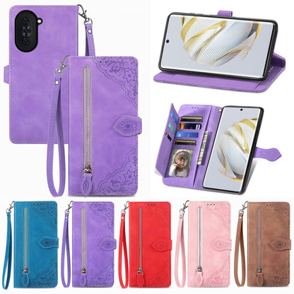 Purple embossed flower wallet phone case with zipper, flip cover, and wrist strap