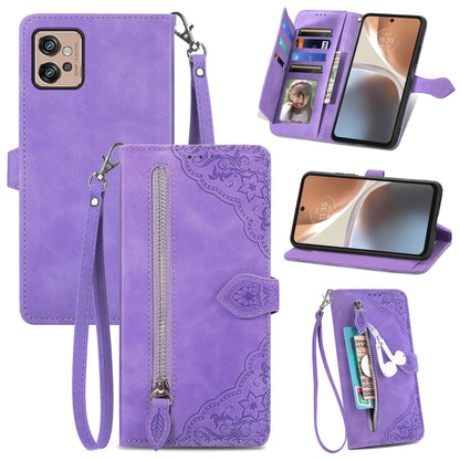 Purple embossed flower leather phone wallet case with zipper and wrist strap