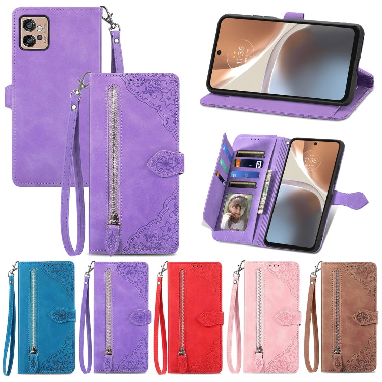 Purple embossed flower leather phone case with zipper wallet, card slots, wrist strap