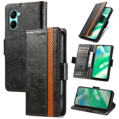 Black leather wallet phone case with dual magnetic buckle, card slots, and stand