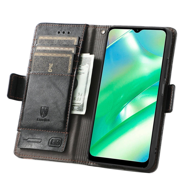 Black leather wallet phone case with card slots and phone cover, shown open