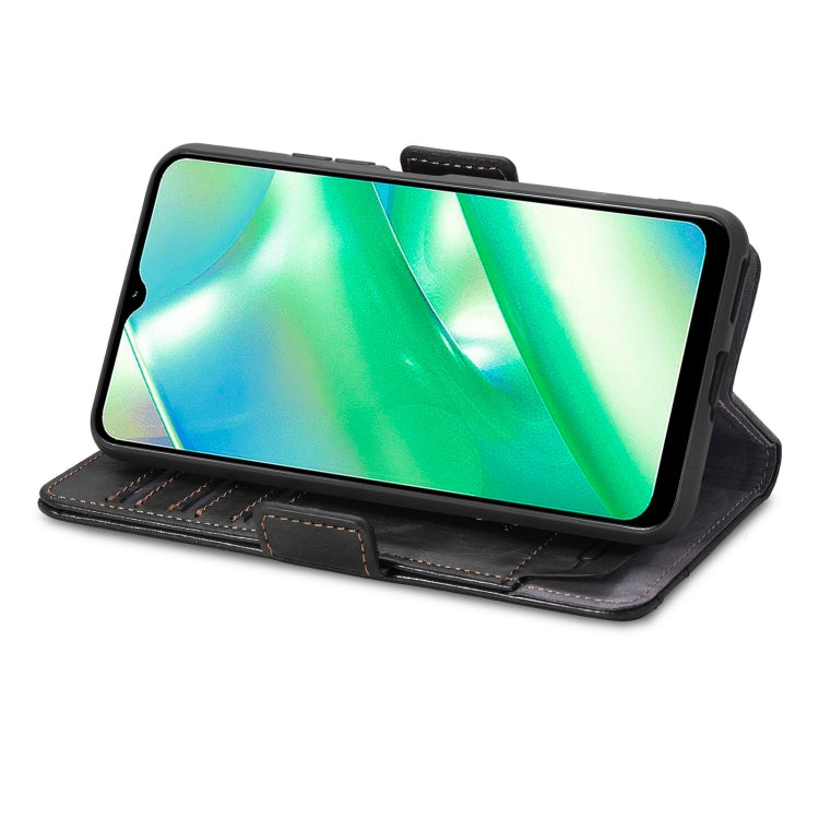 Black leather folio phone case with built-in stand for horizontal viewing