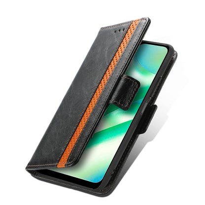 Gray leather wallet phone case with orange spine stripe, dual magnetic closure