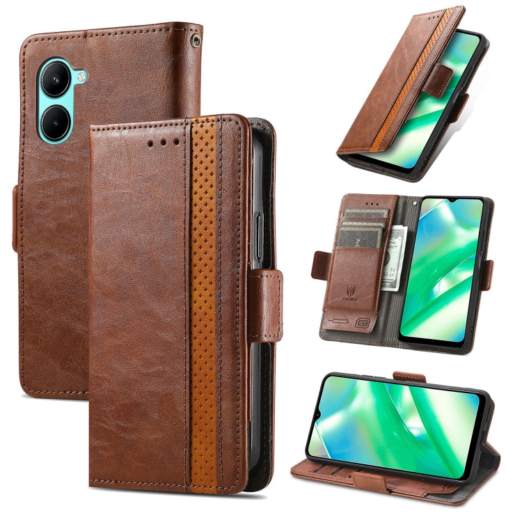 Brown leather wallet phone case with dual magnetic buckle, card slots, and stand